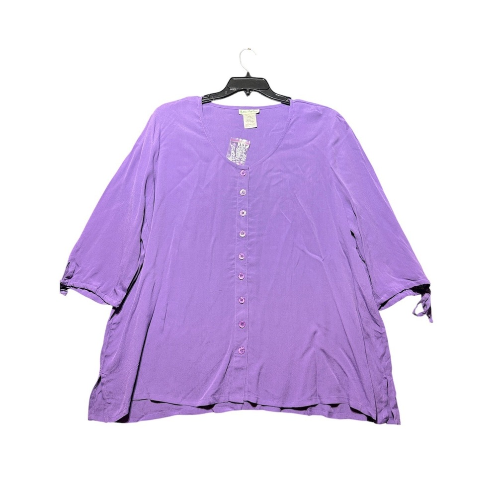 Ulla Popken Button Up Blouse Women 20/22 Purple Rayon Relaxed Fit 3/4 Sleeve